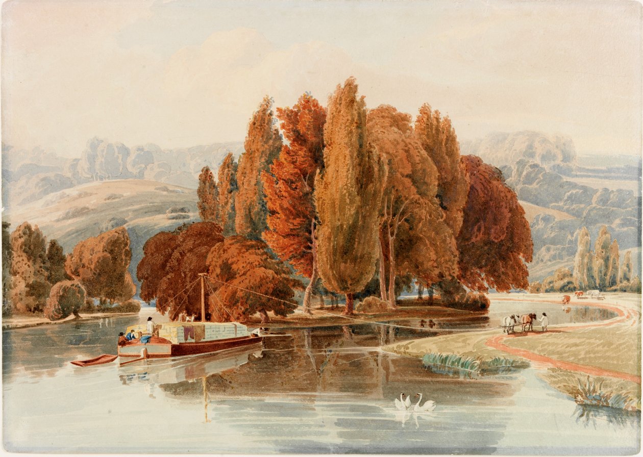 En øy på Themsen nær Park Place, Oxfordshire (wc på vevd papir) av William Havell