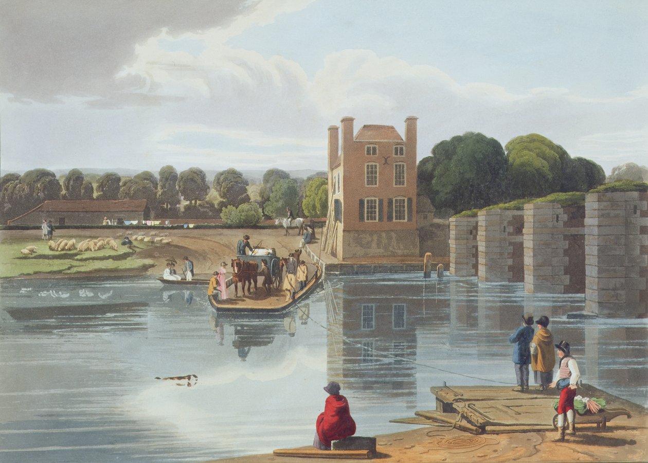 Datchet Ferry, nær Windsor, gravert av Robert Havell den yngre (1793-1878) utgitt 1818 (akvatint) av William Havell
