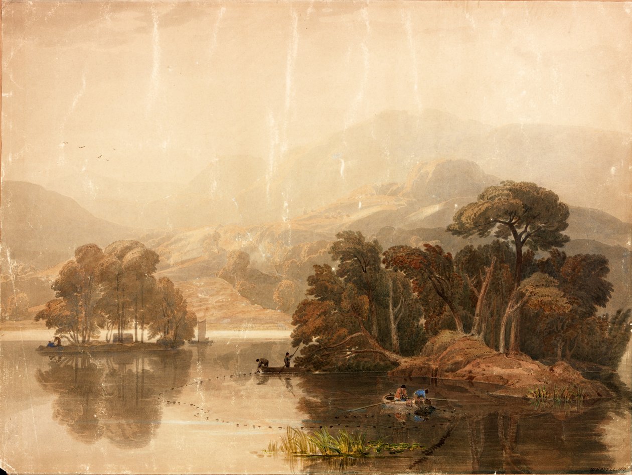 Keswick Lake (kroppsfarge og akvarell på papir (limt på kort)) av William Havell
