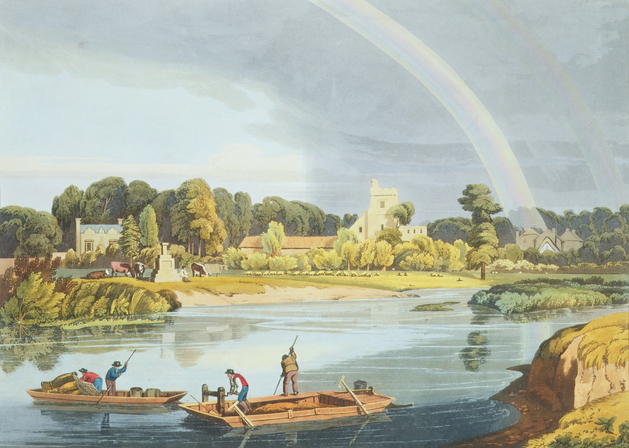 Staines Church with City Stone on Banks of the River, gravert av Robert Havell den yngre (1793-1878) utgitt 1818 (akvatint) av William Havell