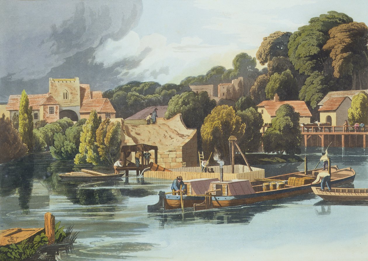 Wallingford Castle i 1810 Under broreparasjoner, gravert av Robert Havell den yngre (1793-1878) utgitt 1818 (akvatint) av William Havell