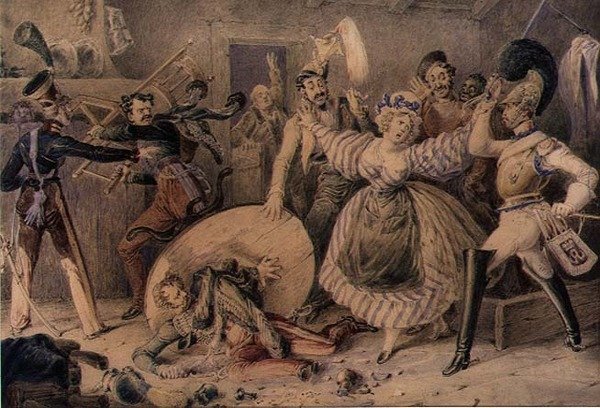 A Brawl in an Inn, ca. 1830 (akvarell over blyant forsterket med gouache på papir) av William Heath