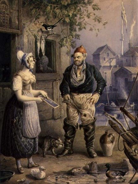 A Fisherman and a Maid, ca. 1830 (akvarell over blyant forsterket med gouache på papir) av William Heath