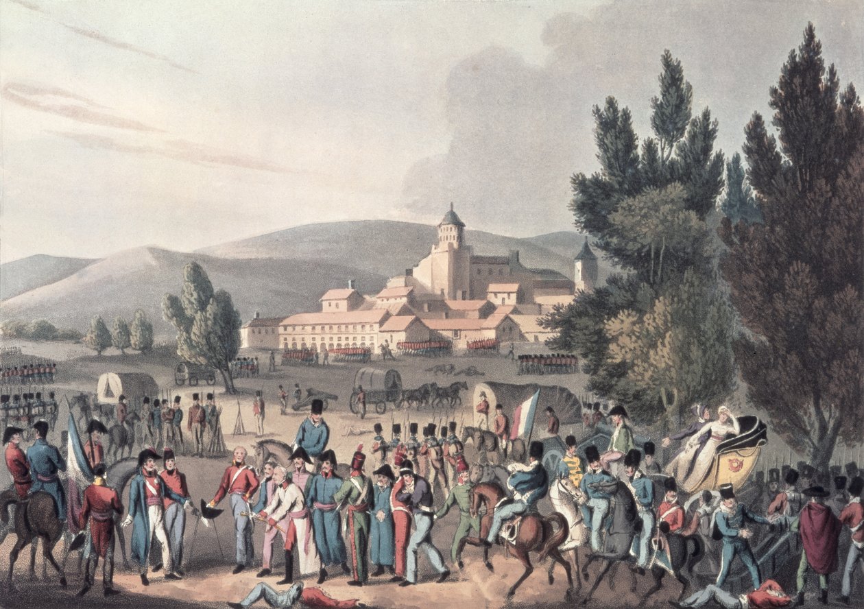 Slaget ved Vittoria, 1813, Bringing in the Prisoners, etset av I. Clarke, aquatinted av M. DuBourg (aquatint) av William Heath