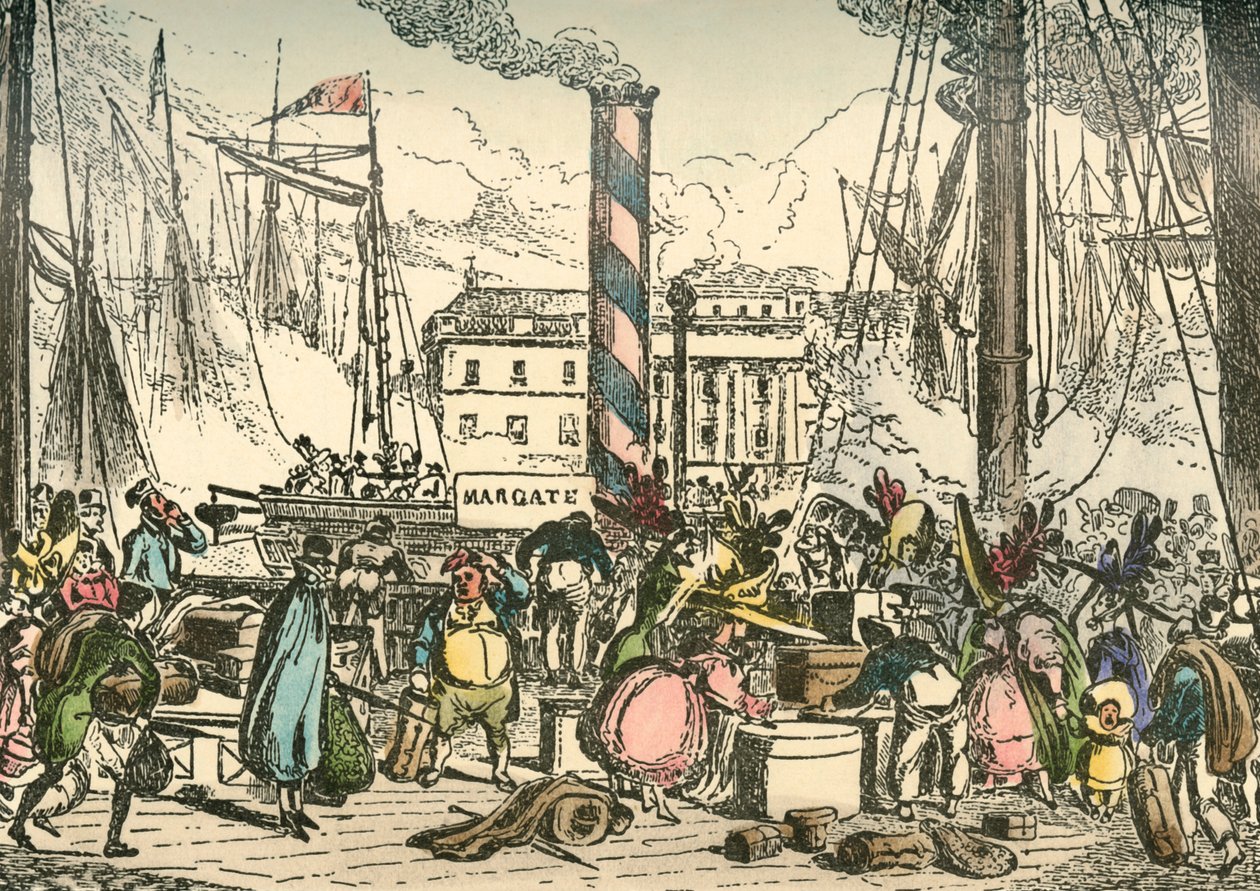 Komme om bord på Margate Steam-pakken ved London Bridges Wharf, 1838 av William Heath