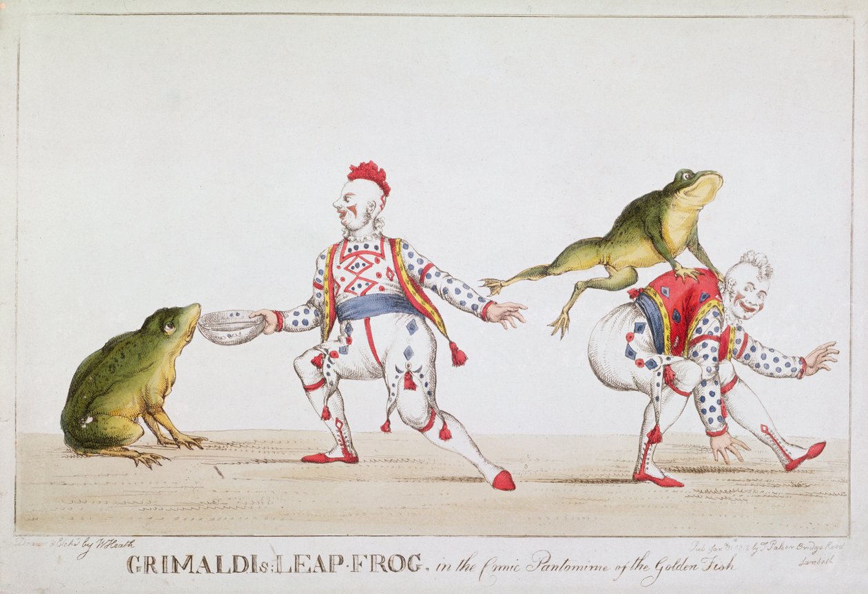 Grimaldis sprangfrosk i den komiske pantomimen av den gyldne fisk, 1812 av William Heath