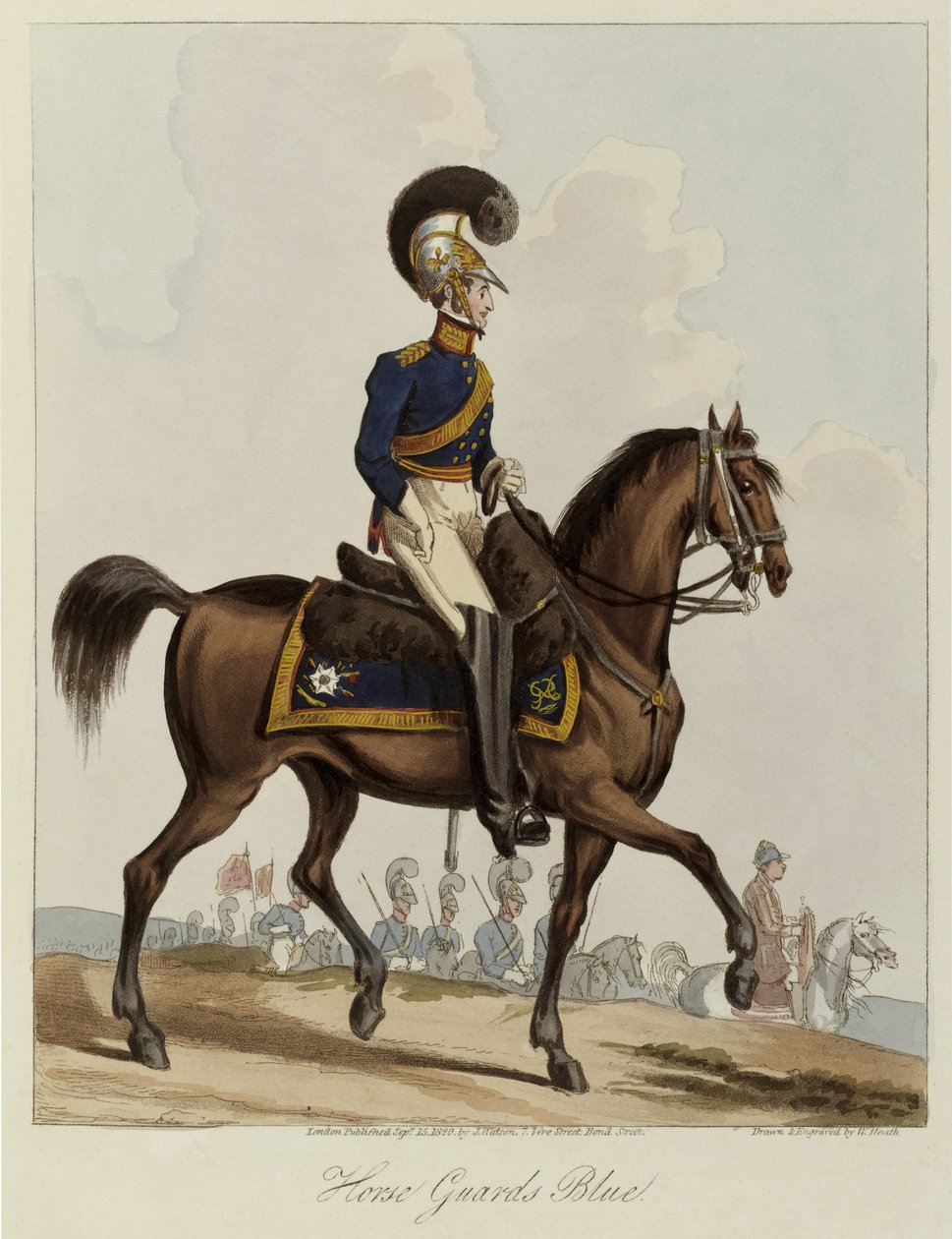 Horse Guards Blue, Uniform studie av Royal Regiment of Horse Guards, 1820 (farget akvatint) av William Heath