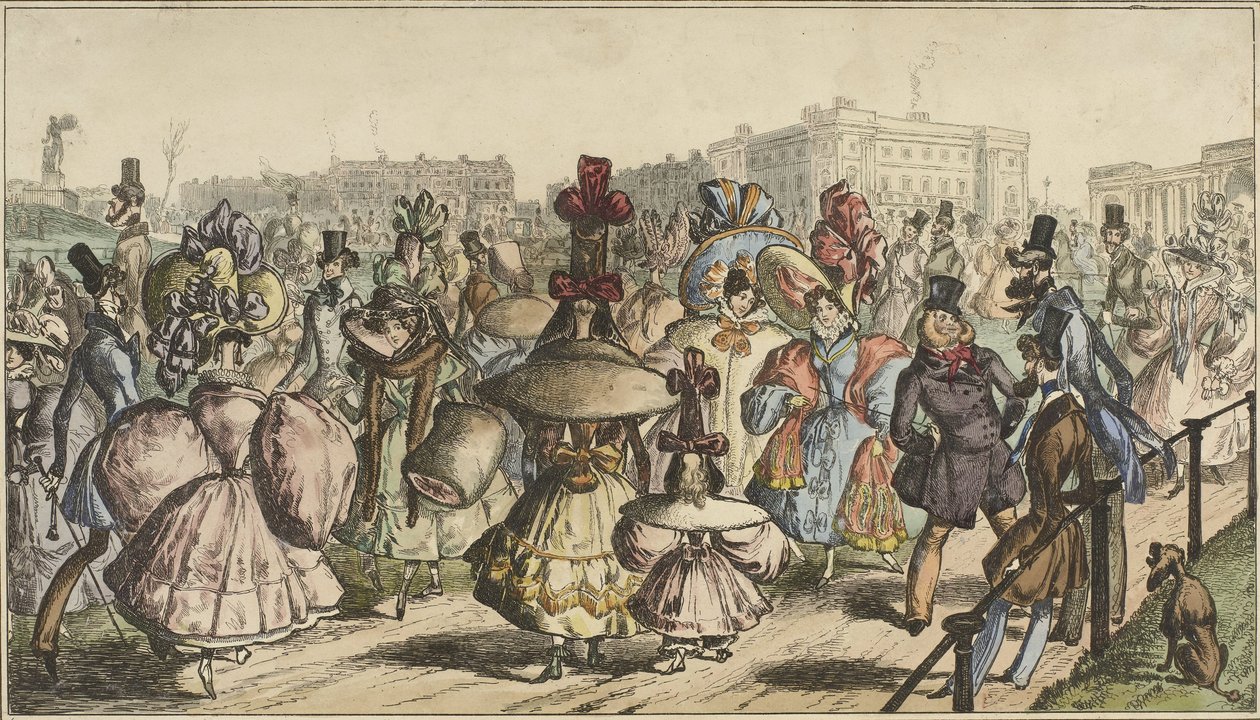 Menn og kvinner i slående antrekk går i en park i en by The Park - 1830 (tittel på objekt) av William Heath