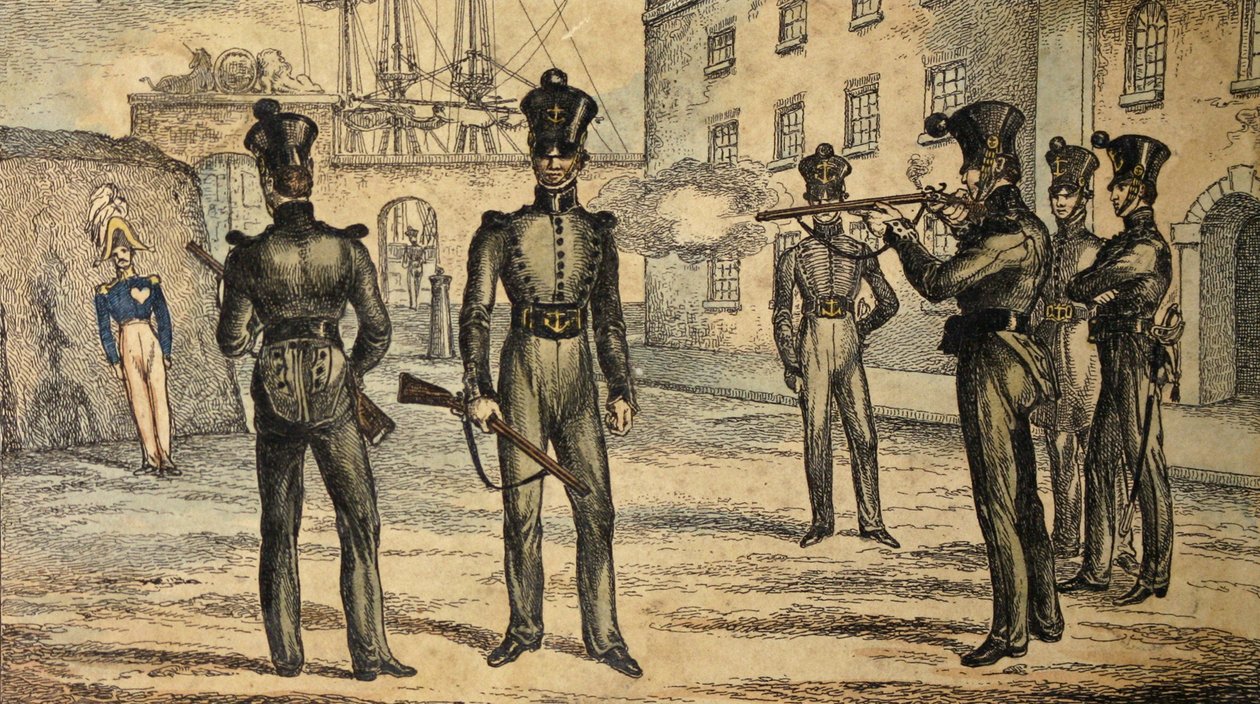 Marineriflemenn ved øvelse med oscillerende figurer, ca. 1835 (håndfarget etsning) av William Heath