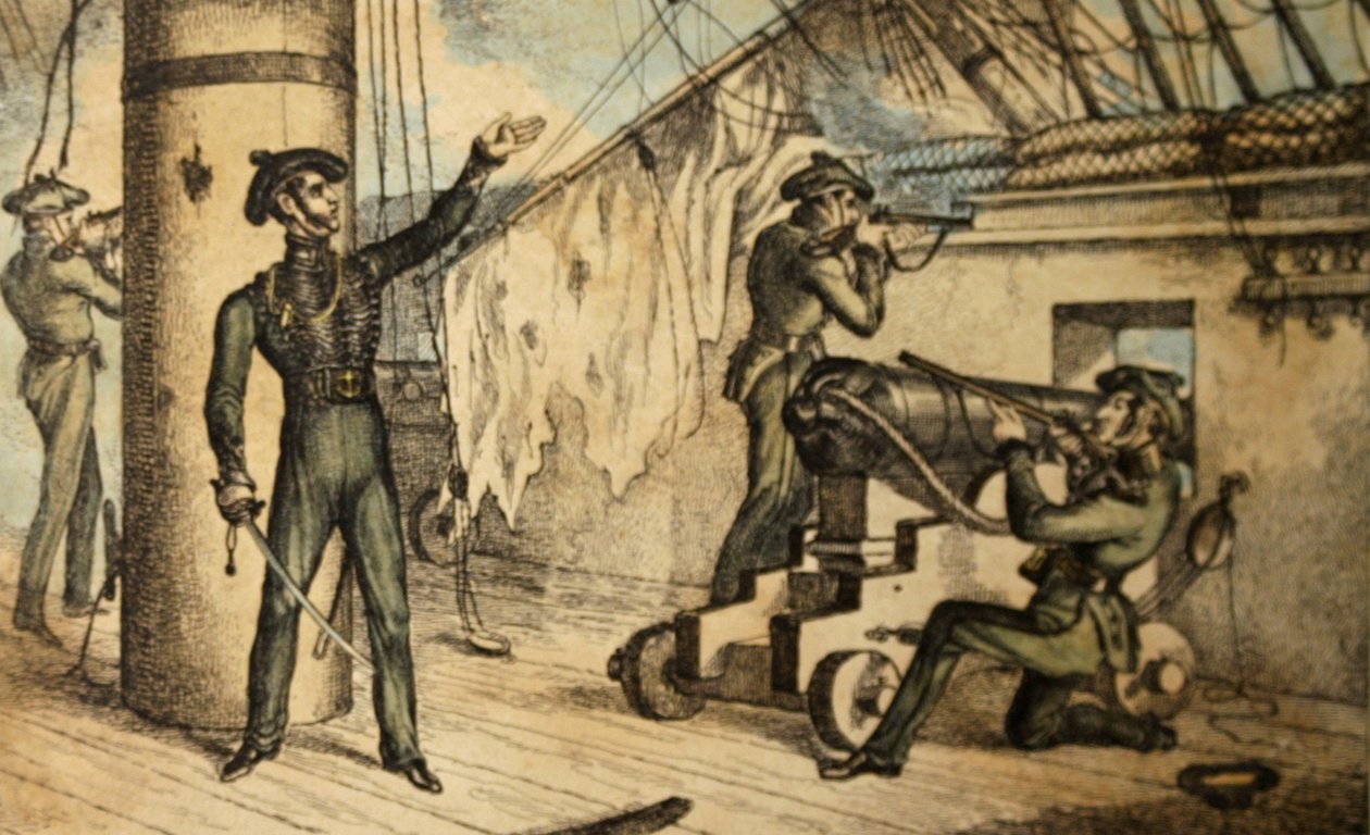 Marineriflemenn i aksjon om bord på et uidentifisert krigsskip, ca. 1835 (håndfarget etsning) av William Heath