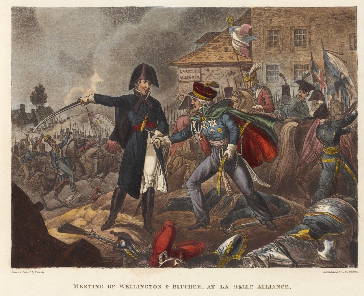 Møte mellom Wellington og Blücher ved La Belle Alliance, akvatint av Joseph Constantine Stadler (fl.1780-1812), 1818 (farget akvatint) av William Heath