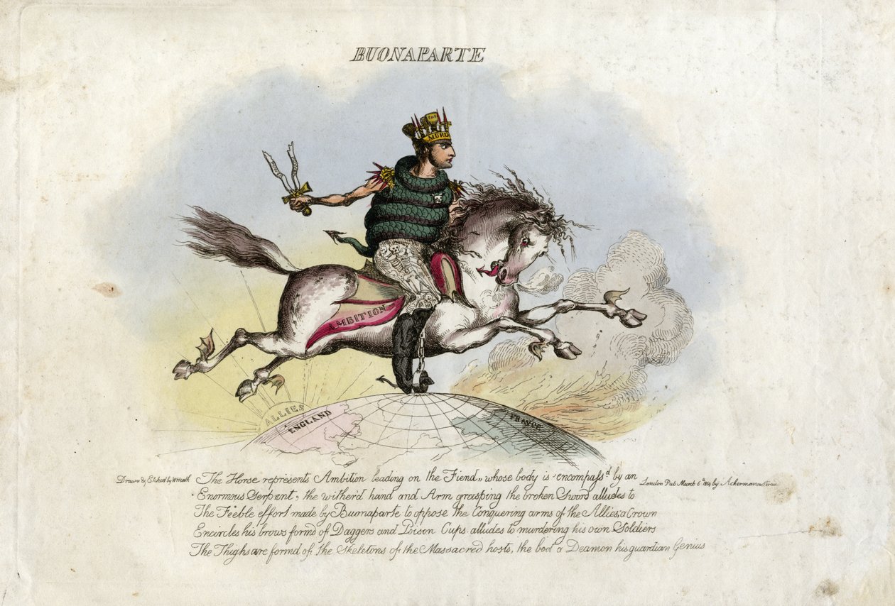 Napoleon galopperer på Ambition, en hest med vinger på føttene over kloden av William Heath