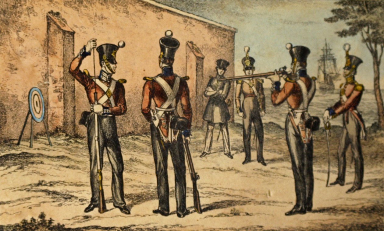 Nåværende drakt av marinesoldatene ved rundmålsøvelse, ca. 1835 (håndfarget etsning) av William Heath