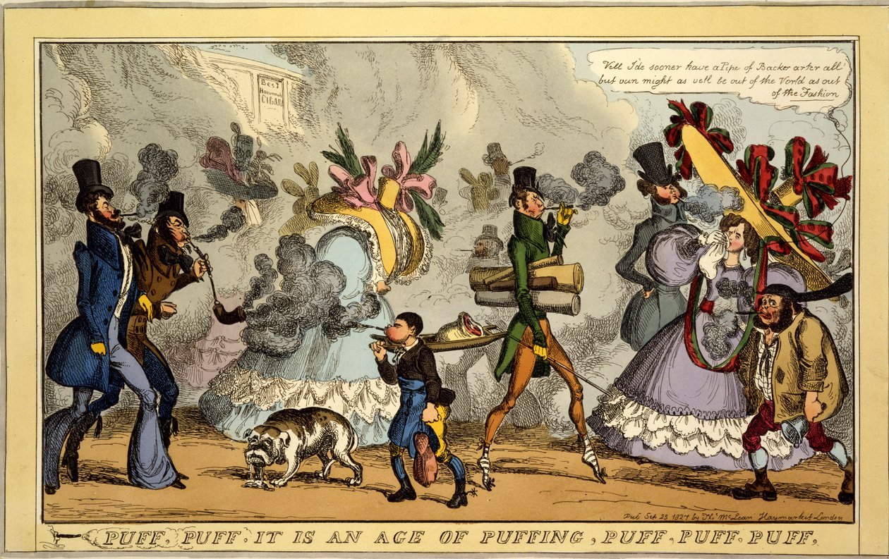 Puff, Puff, det er en tidsalder for puffing, Puff, Puff, Puff, pub. Thos. McLean, London, 1827 (håndfarget gravering) av William Heath