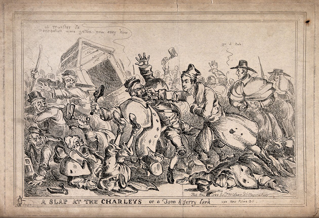 Robert Peel som bokser som angriper nattevakter med hensikt å erstatte dem med politistyrken. Etsning av Paul Pry (W. Heath). av William Heath