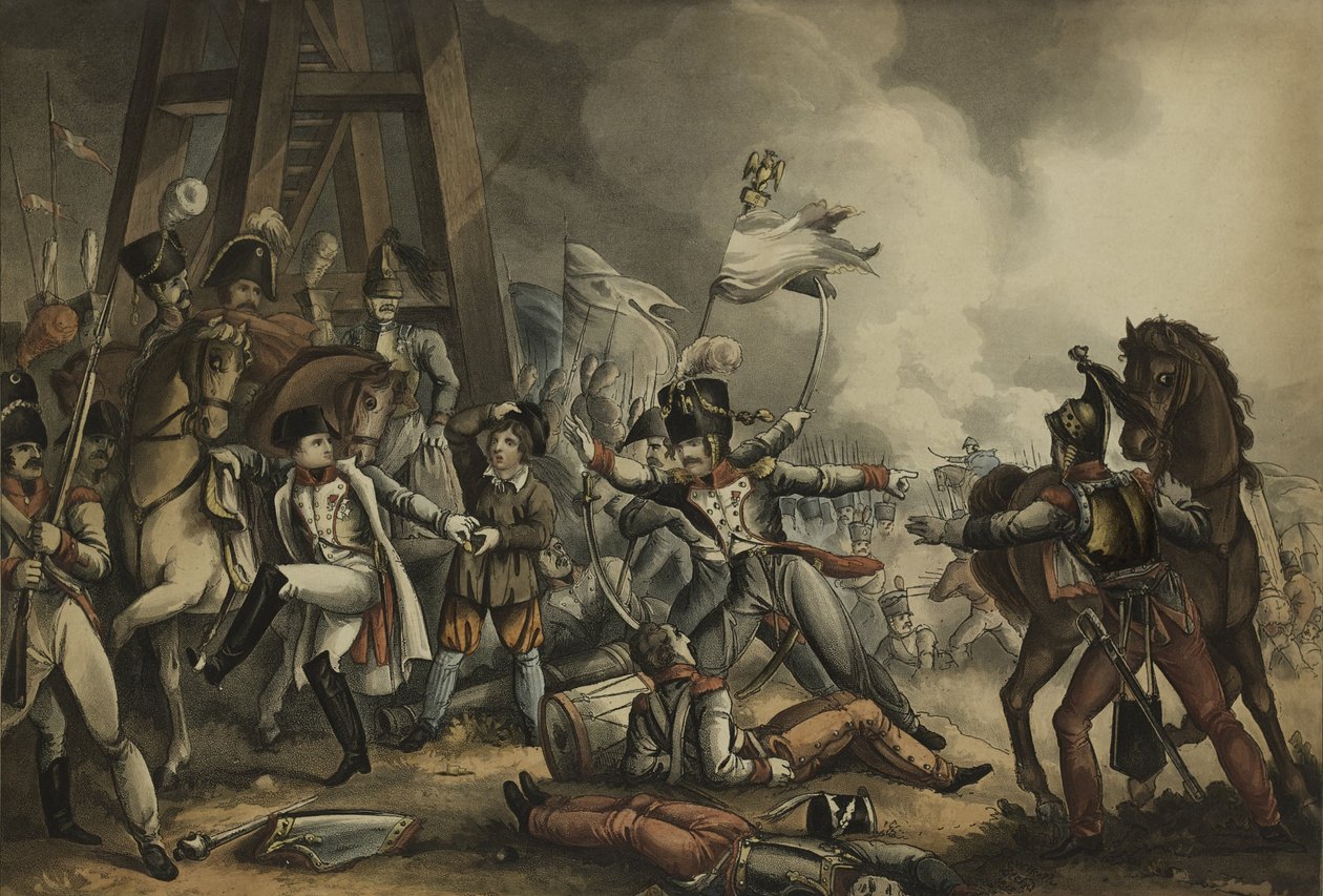 Sauve qui peut, eller Every man for yourself, akvatint av Thomas Sutherland (1785-1838), utgitt av James Jenkins, 1. mai 1816 (fargeakvatint) av William Heath