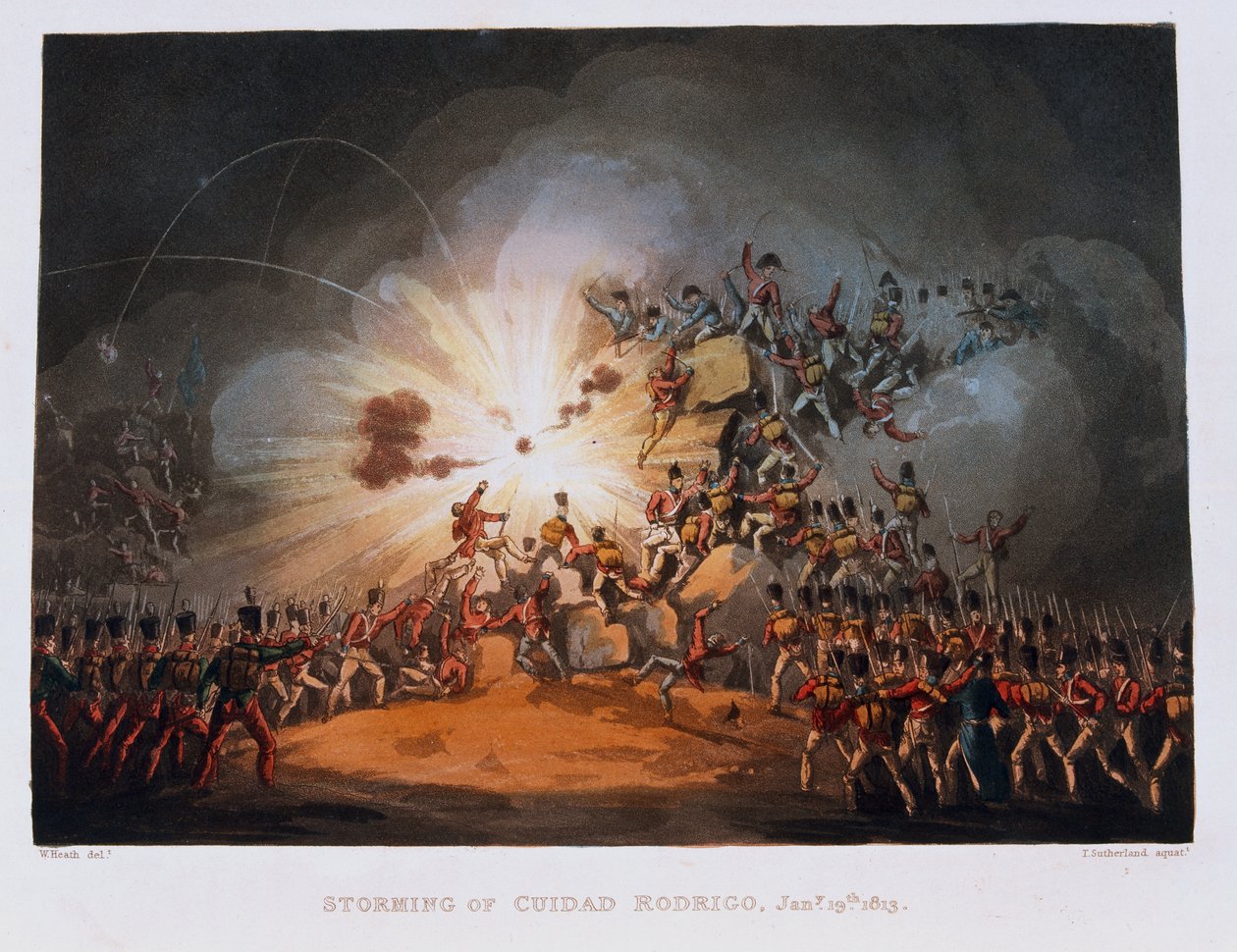 Storming of Ciudad Rodrigo, 19. januar 1813, gravert av Thomas Sutherland (1785-1838) publisert i 1815 (farget akvatint) av William Heath