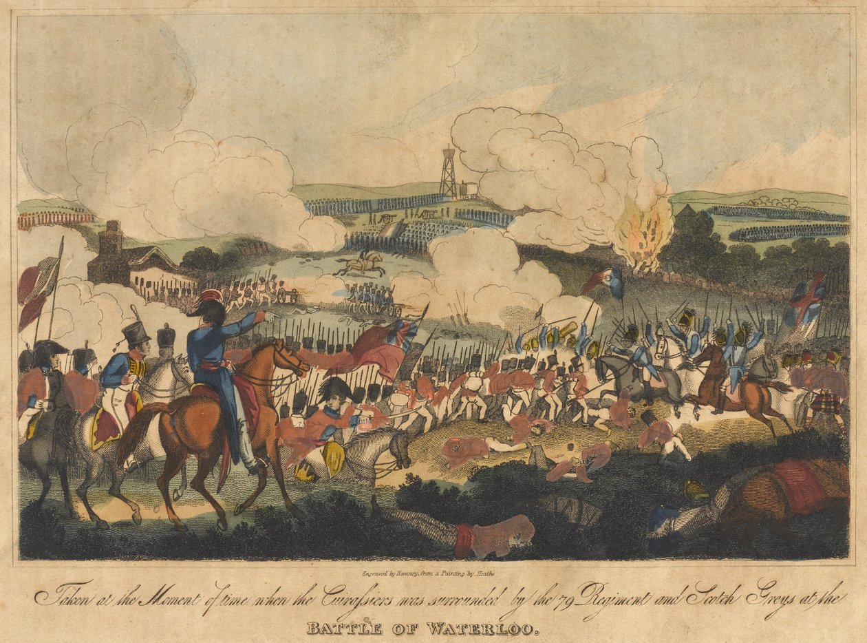 Tatt i tiden da Cuirassiers ble omringet av 79 Regiment og Scotch Greys i slaget ved Waterloo, 18. juni 1815, gravert av Romney og utgitt av Richard Evans, 1816 (co. av William Heath