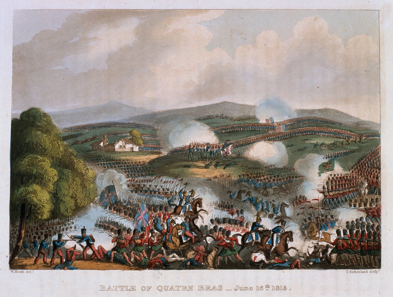 Slaget ved Quatre Bras 16. juni 1815, gravert av Thomas Sutherland, 1815 (farget akvatint) av William Heath