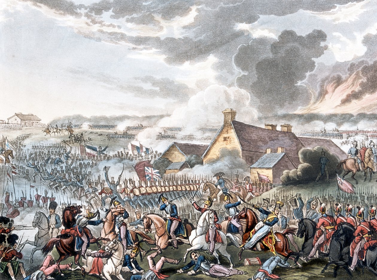 Slaget ved Waterloo, illustrasjon til et narrativt dikt av Dr. Syntax, utgitt 1818 (farget akvatint) av William Heath