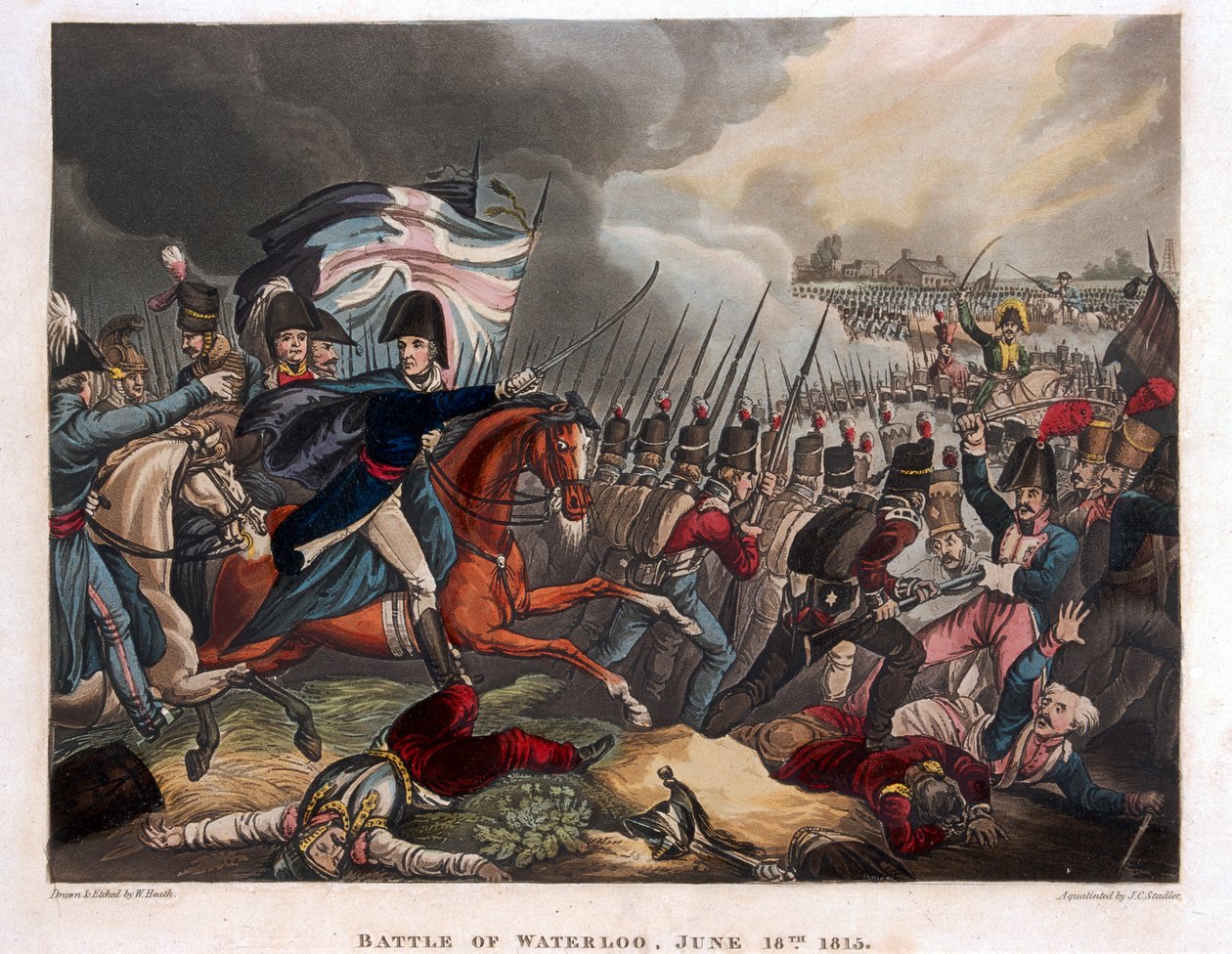 The Duke of Wellington (1769-1852) med tropper som rykker frem i slaget ved Waterloo, illustrasjon fra et narrativt dikt av Dr. Syntax, 1818 (farget akvatint) av William Heath
