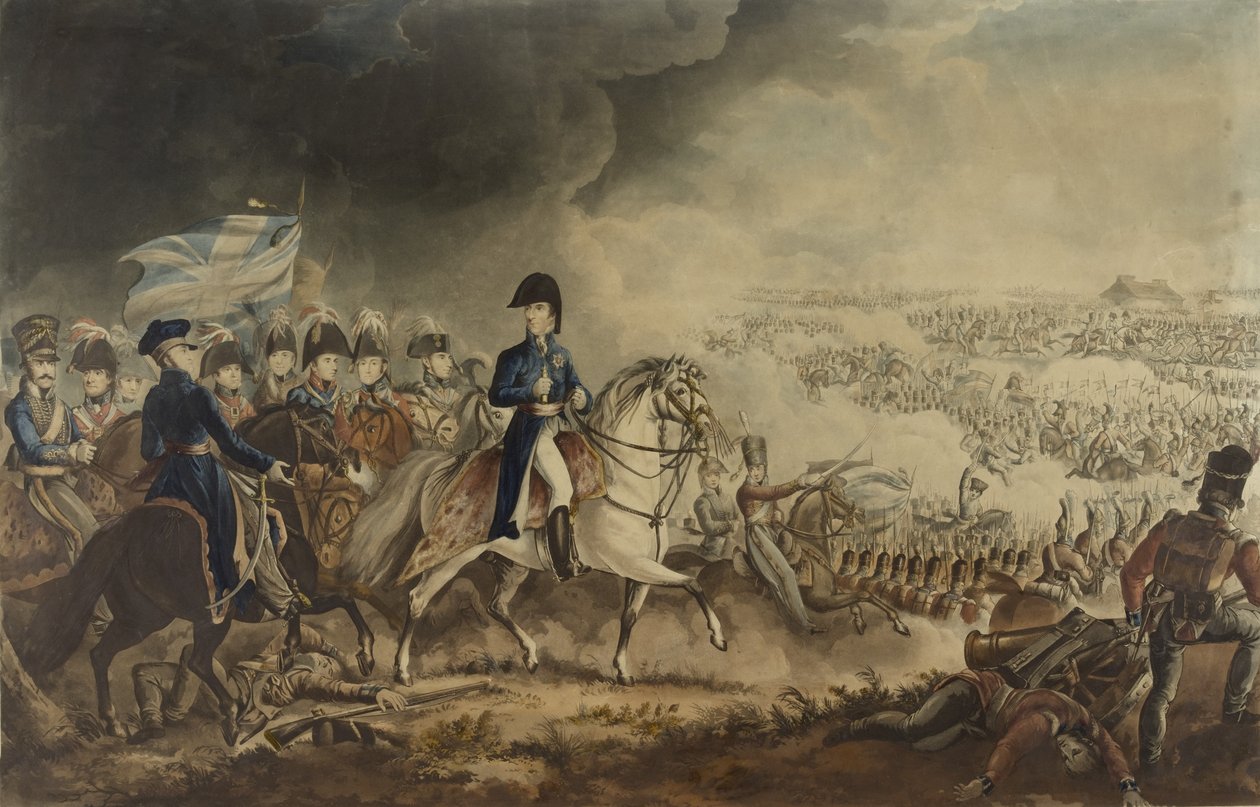 The Duke of Wellington and the Most Distinguished Officers at the Battle of Waterloo, 18. juni 1815, aquatint av W.T. Fry og T. Sutherland, utgitt av J. Jenkins, London, 18. juni 1817 (farget aquati) av William Heath