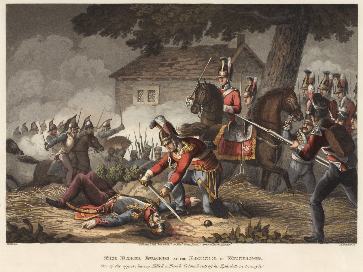 The Horse (Life) Guards at the Battle of Waterloo, en av offiserene som hadde drept en fransk oberst klipper av epauletten hans i triumf, gravert av M. Dubourg, 1819 (farget akvatint) av William Heath