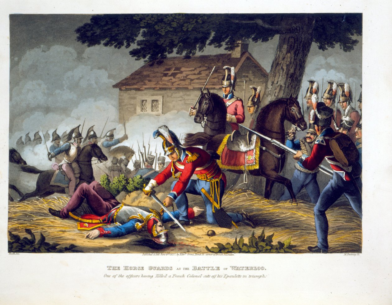 The Horse Guards at the Battle of Waterloo, gravert av Matthew Dubourg (fl.1813-20) fra "Historic, Military and Naval Anecdotes", pub. av Edward Orme (1774-c.1820) 1817 (akvatint) av William Heath