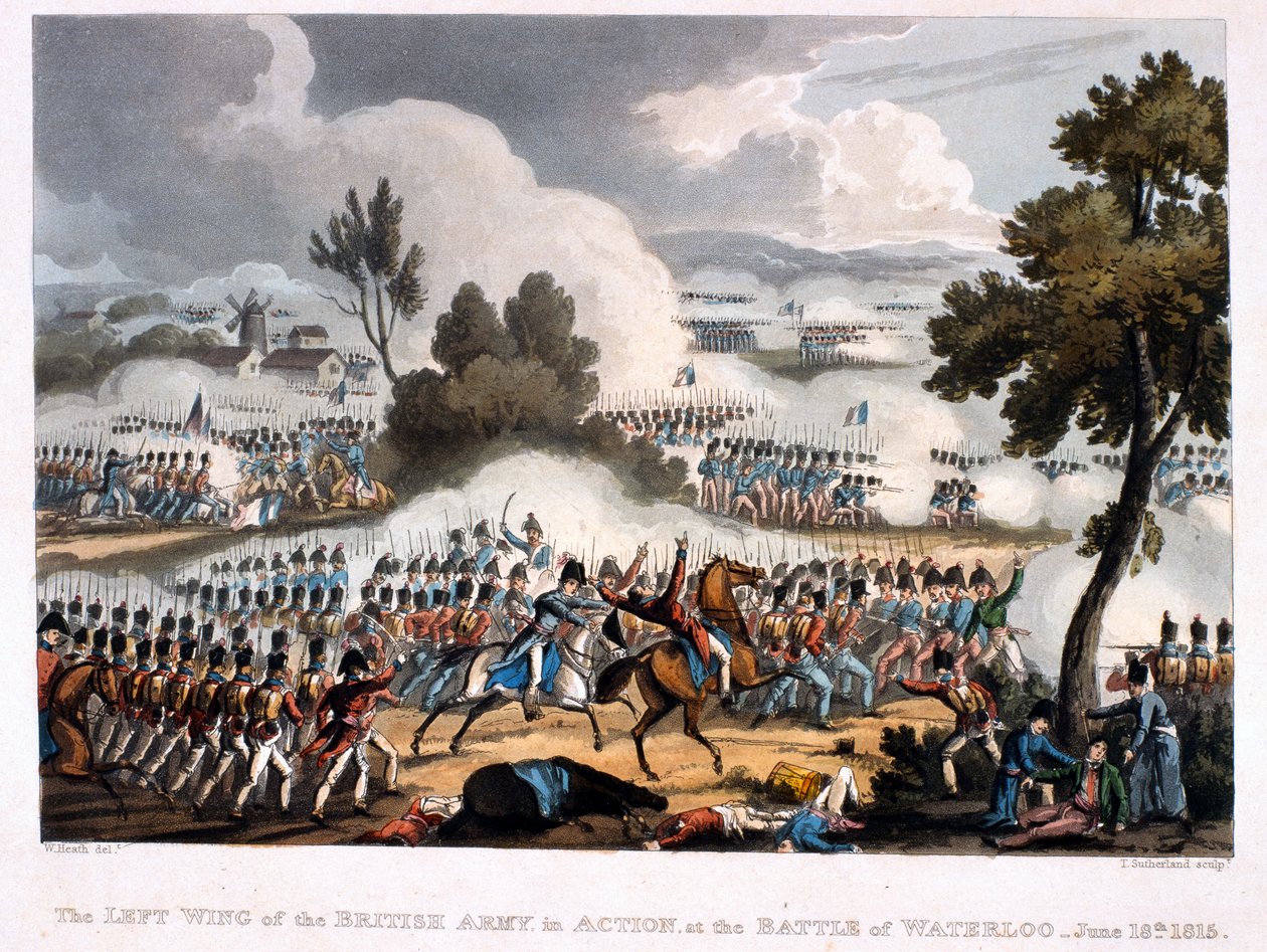 Den venstre fløyen til den britiske hæren i aksjon i slaget ved Waterloo, gravert av Thomas Sutherland, 1815 (farget akvatint) av William Heath