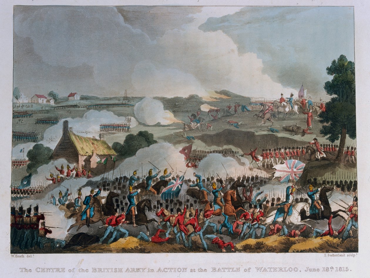 Sentrum av den britiske hæren i aksjon ved slaget ved Waterloo, 1815 (akvatint) av William Heath