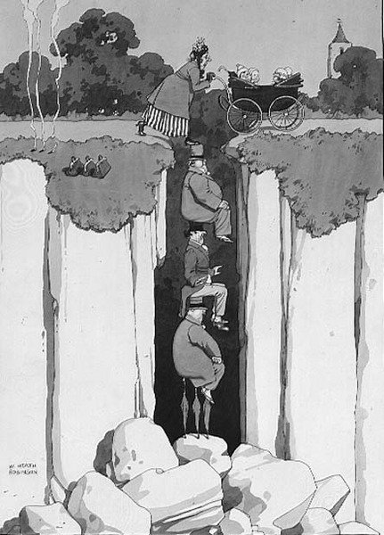 Act of Kindness, Thoughtfulness of Three Gentlemen in Assisting Lady over Chasm (penn og blekk, akvarell) av William Heath Robinson