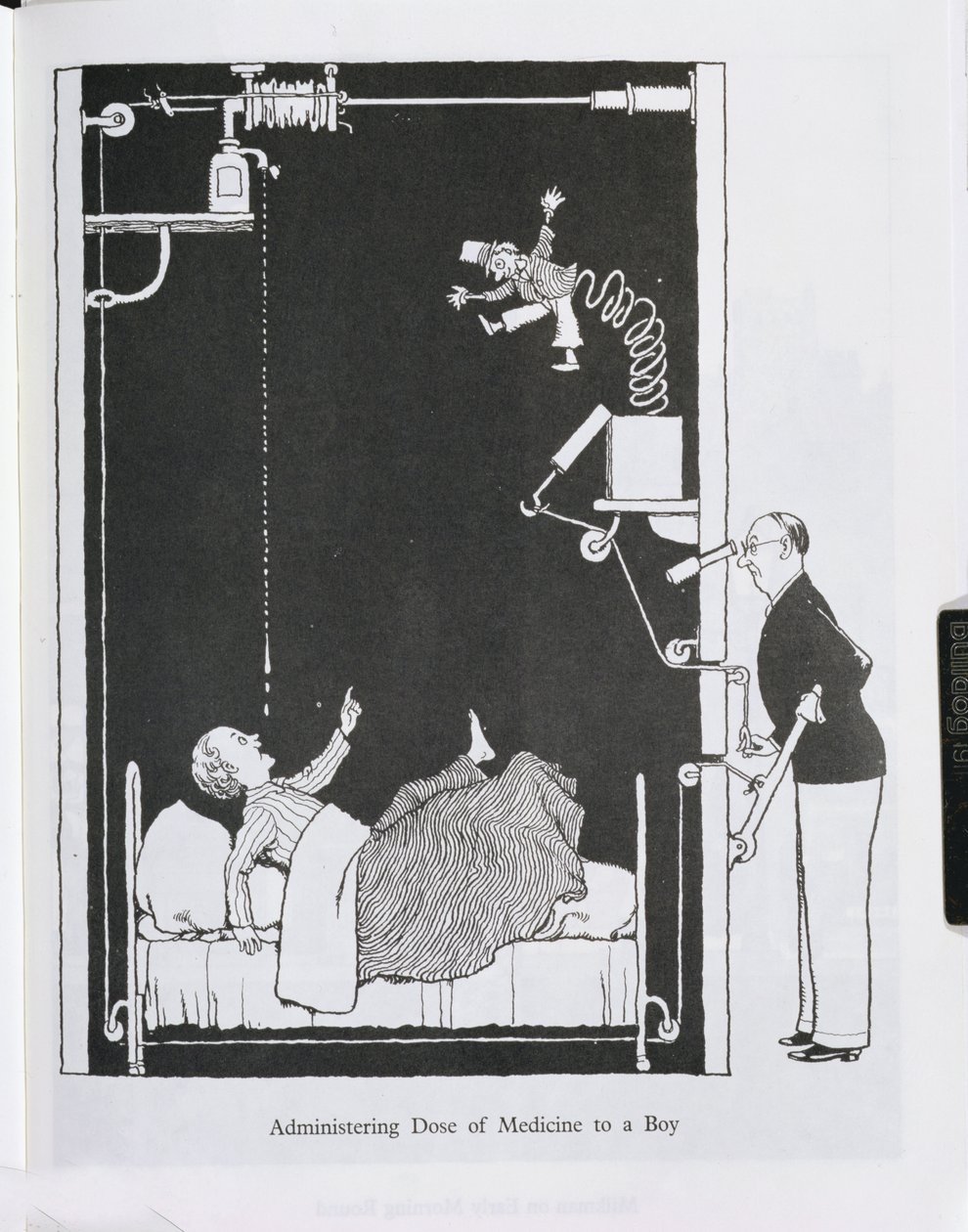 Administrere medisindose til en gutt, illustrasjon fra "Inventions" av William Heath Robinson