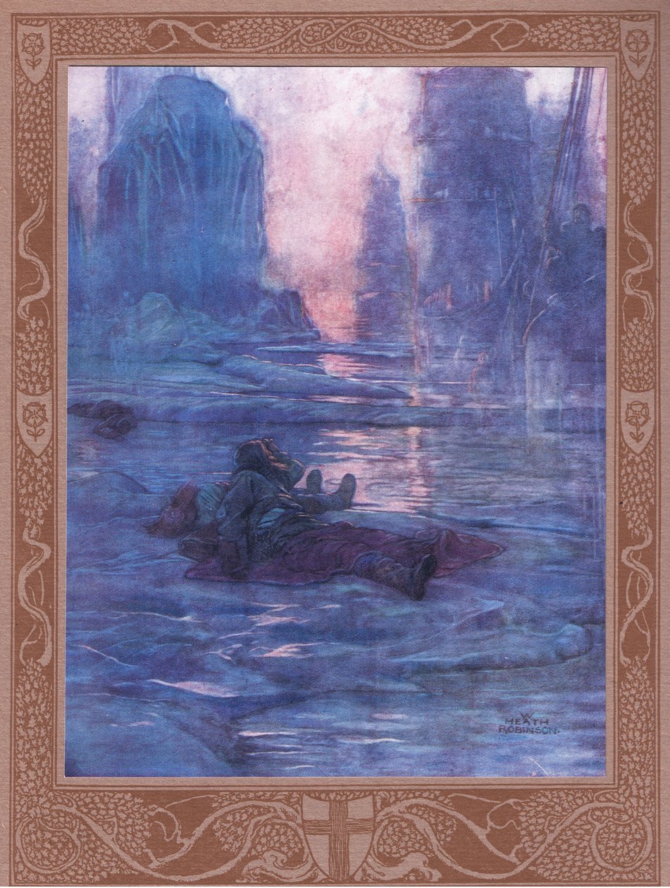 Følg etter-vi venter ved stiene vi mistet. For lyden av mange skritt, for tråkket til en vert. av William Heath Robinson