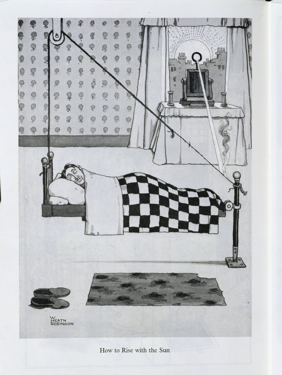 How to Rise with the Sun, illustrasjon fra "Inventions" av William Heath Robinson