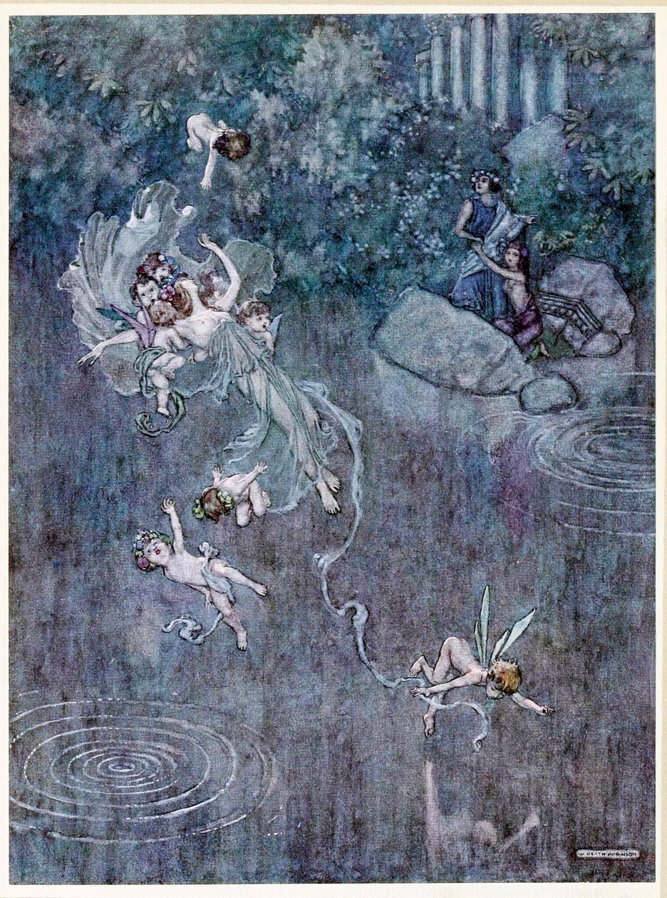 Oberon: og få ham med rettferdig Aegle til å bryte troen, fra, En midtsommernattsdrøm, pub. 1914. av William Heath Robinson