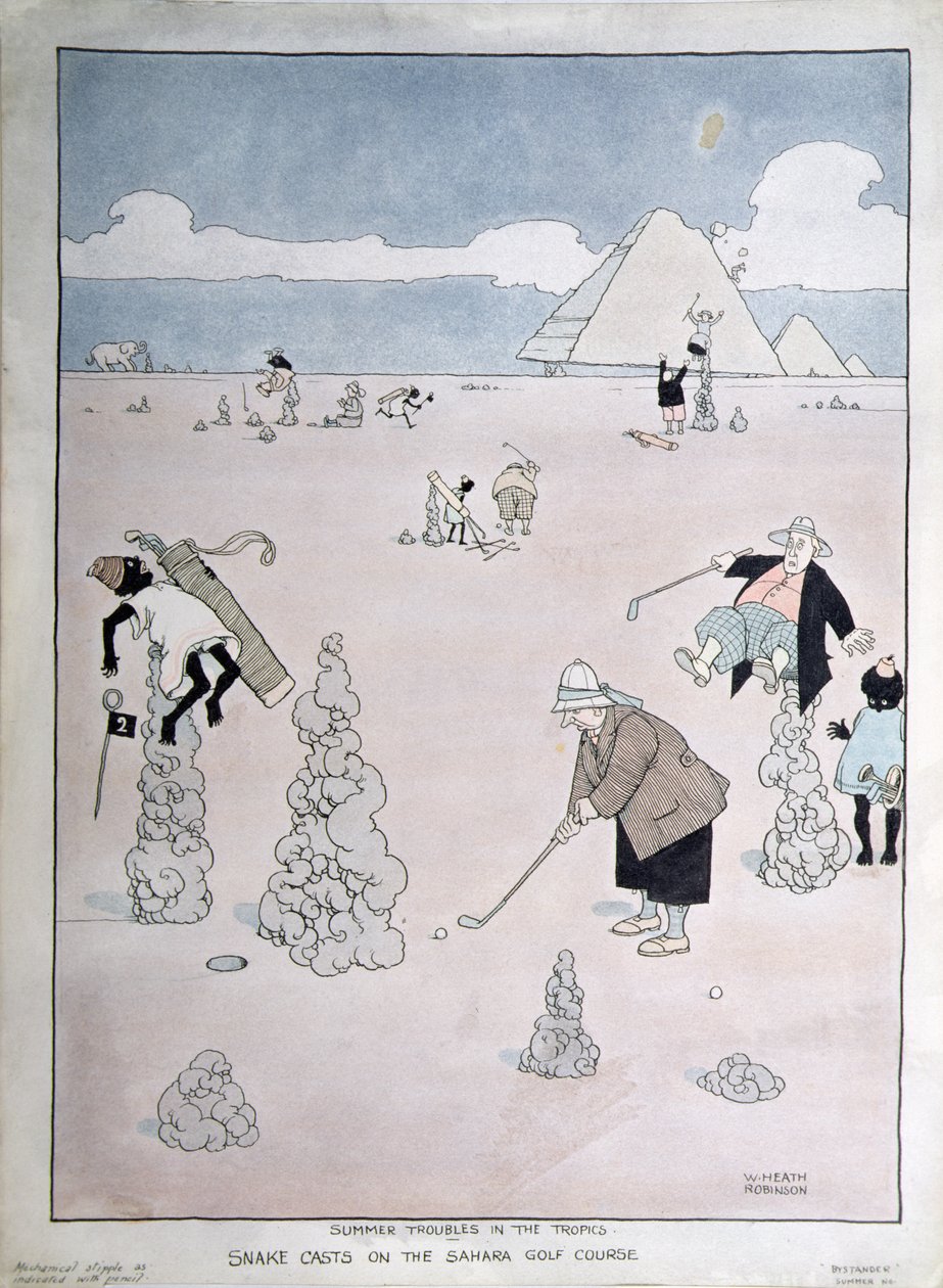 Sommerproblemer i tropene - Slangekast på Sahara golfbane (penn, blekk og akvarell) av William Heath Robinson