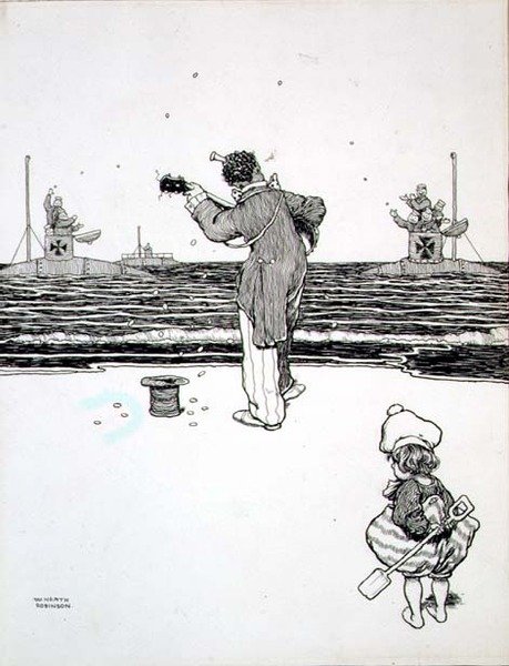 Handle med fienden på Yarmouth Sands, fra "Noen fryktelige krigsbilder" av William Heath Robinson