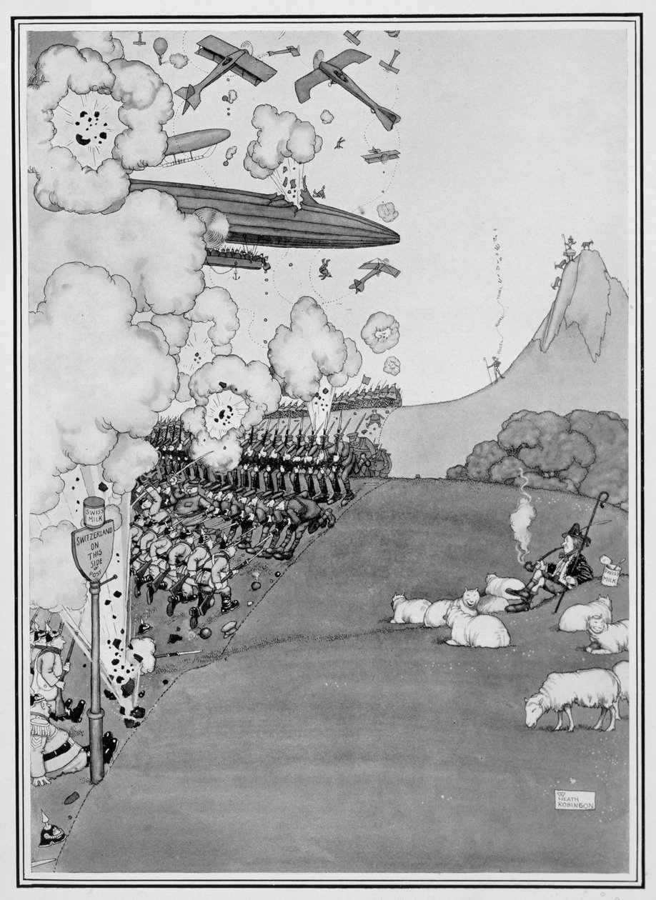 Utsikt over krigen fra Sveits, fra "Some Frightful War Pictures", 1915 av William Heath Robinson