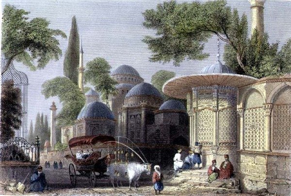 Fontenen og moskeen i Chahzade, gravert av Roberts Sands (1792-1855) ca. 1850 (akvatint) av William Henry (after) Bartlett