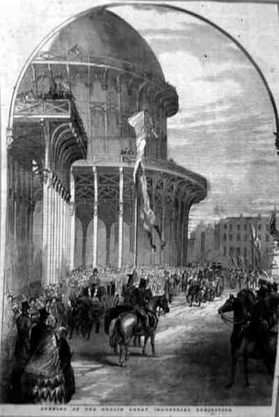 Åpning av den store industriutstillingen i 1853 i Dublin, fra "Scenery and Antiquities of Ireland" av George Virtue av William Henry (after) Bartlett