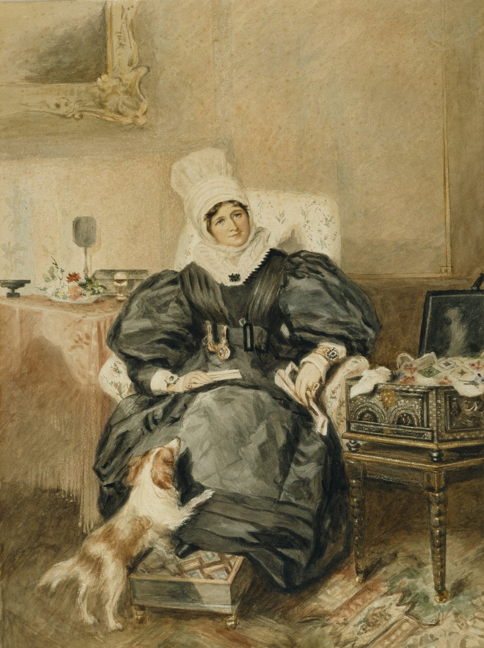 Portrett av en dame ved et bord med en hund (akvarell på papir) av William Henry (after) Hunt