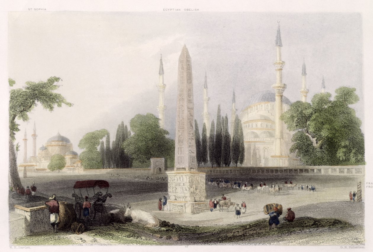 En egyptisk obelisk i Atmeidan, eller Hippodromen, Istanbul, gravert av GK Richardson, ca. 1850 (akvatint) av William Henry Bartlett