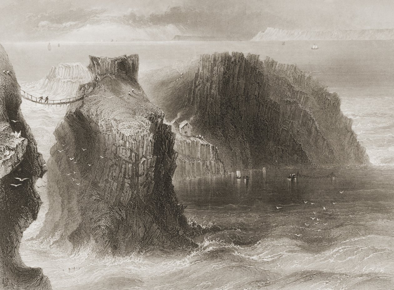 Carrick-a-Rede Rope Bridge, County Antrim, Nord-Irland, fra "Scenery and Antiquities of Ireland" av George Virtue, 1860-tallet av William Henry Bartlett