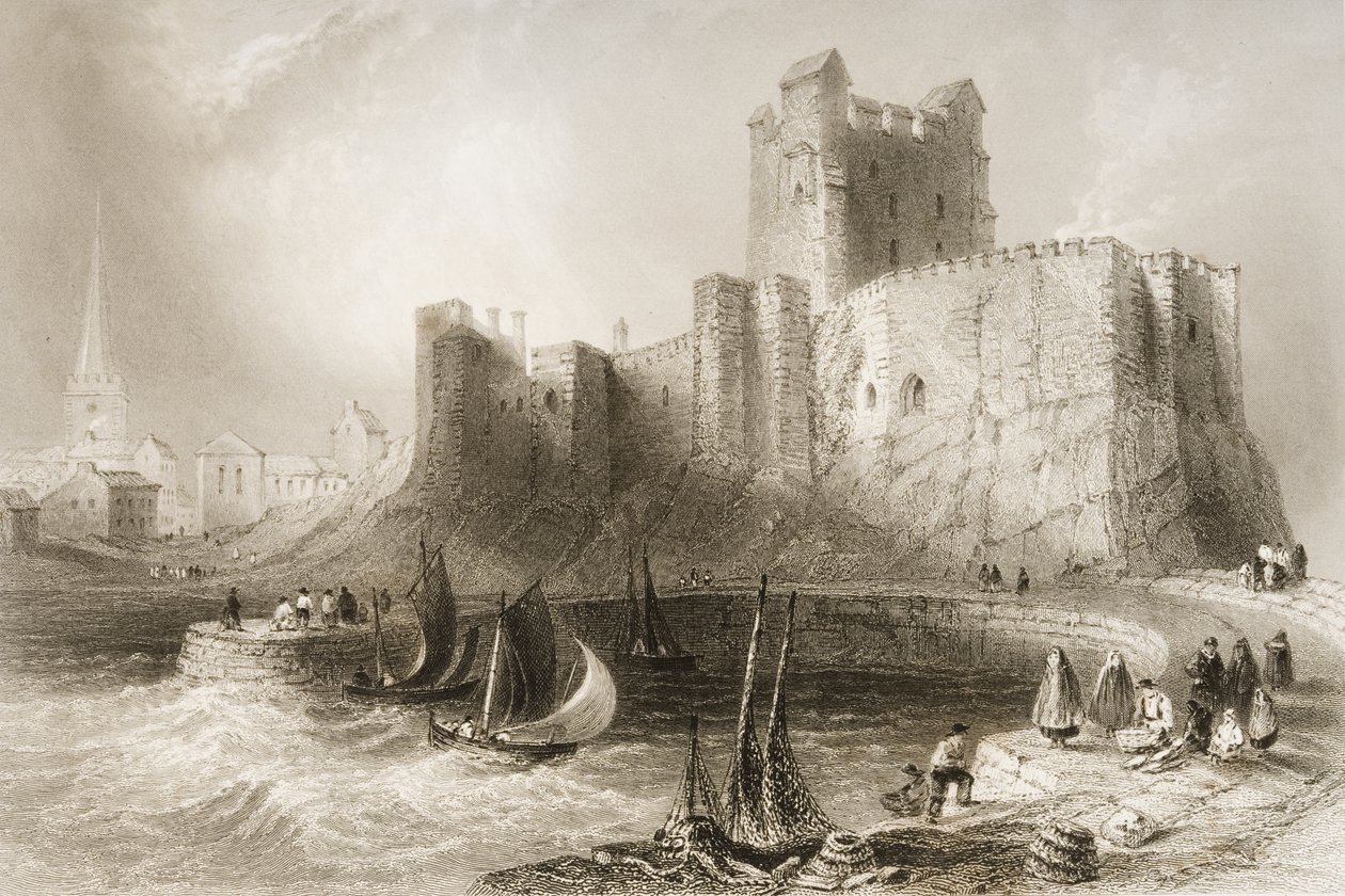 Carrickfergus Castle, County Antrim, Nord-Irland, fra "Scenery and Antiquities of Ireland" av George Virtue, 1860-tallet av William Henry Bartlett