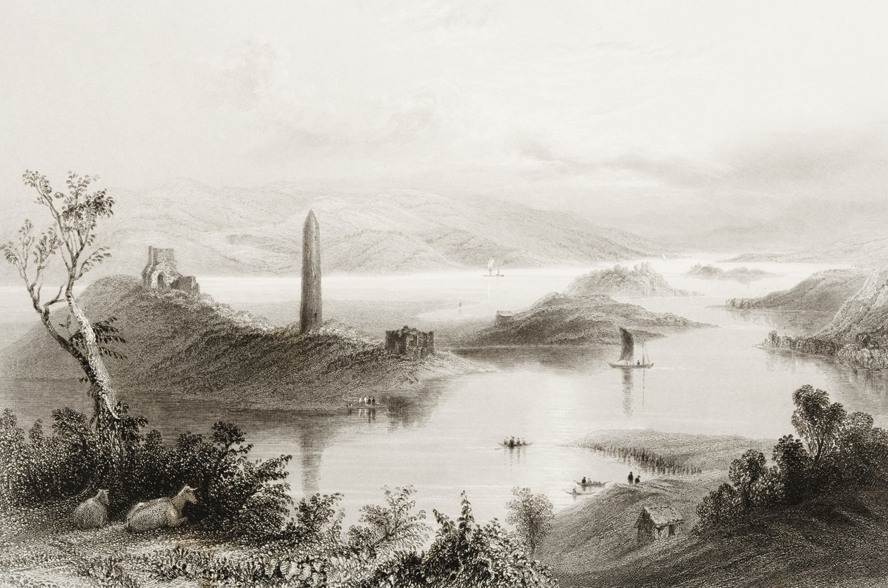 Devenish Island, County Fermanagh, Irland, fra "Scenery and Antiquities of Ireland" av George Virtue, 1860-tallet av William Henry Bartlett
