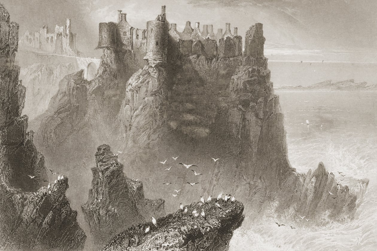Dunluce Castle, County Antrim, Nord-Irland, fra "Scenery and Antiquities of Ireland" av George Virtue, 1860-tallet av William Henry Bartlett