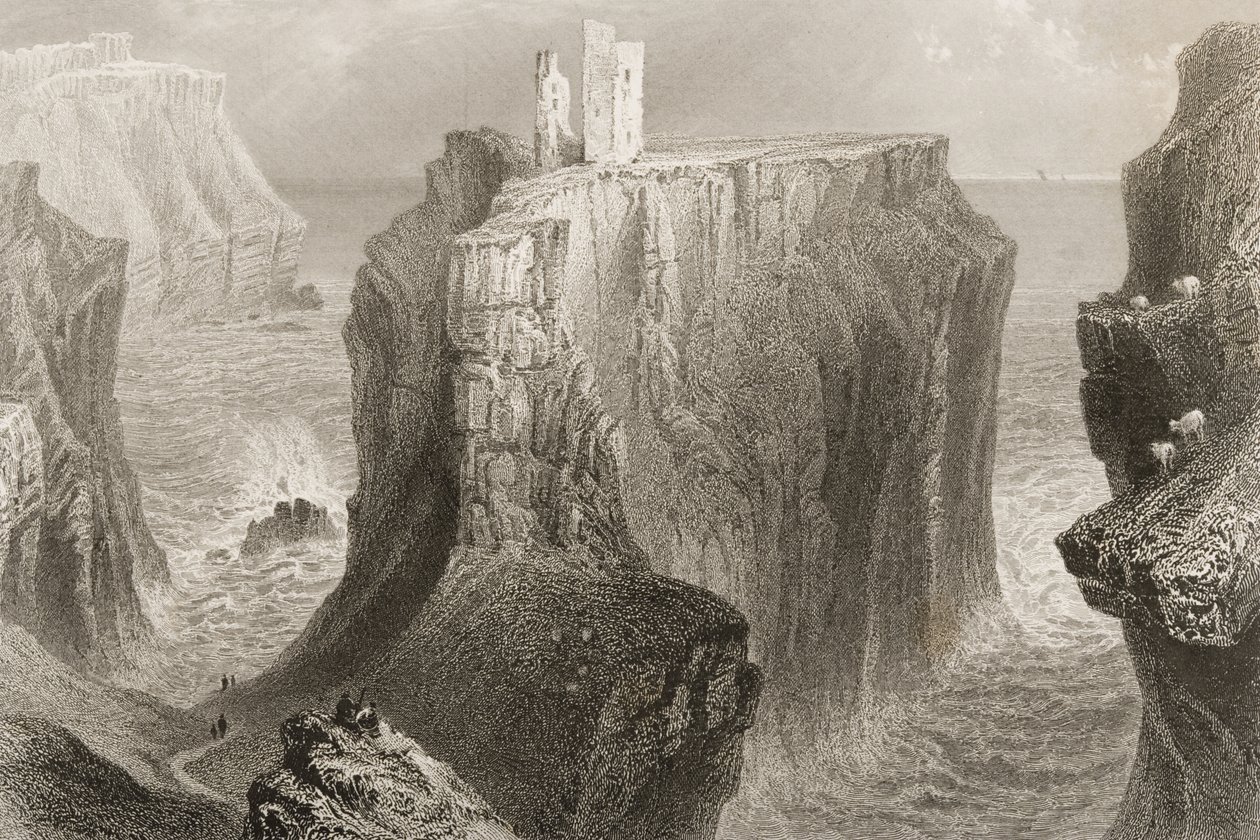 Dunseverick Castle, County Antrim, Nord-Irland, fra "Scenery and Antiquities of Ireland" av George Virtue, 1860-tallet av William Henry Bartlett