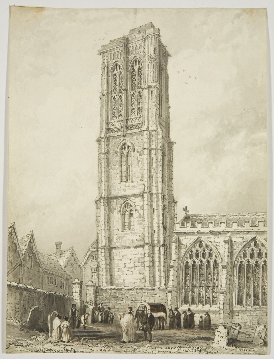Eksteriør av Temple Church, viser en internering, ca. 1825 (blyant og akvarell på papir) av William Henry Bartlett