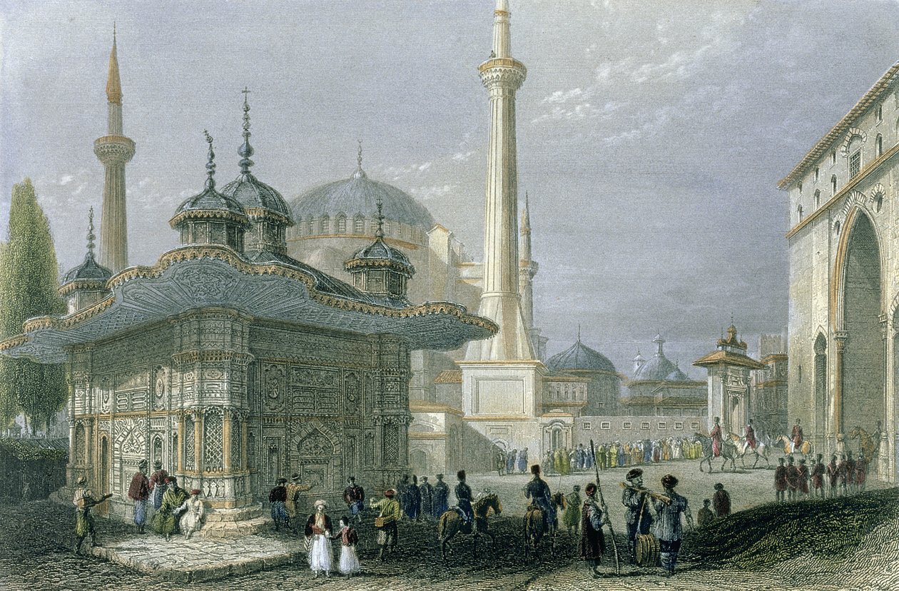 Fontene og plass i St. Sophia, Istanbul, gravert av T. Higham, ca. 1850 (akvatint) av William Henry Bartlett