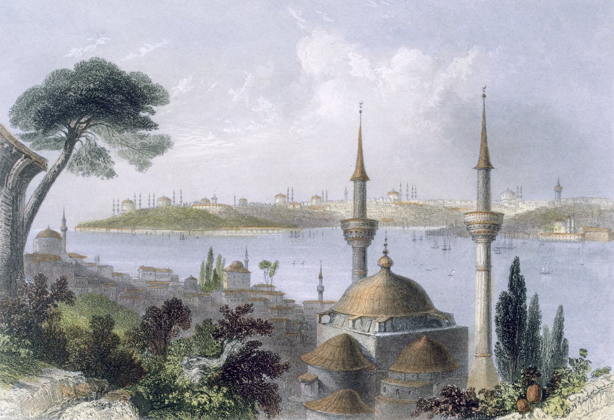 Generell utsikt over Konstantinopel fra Scutari, ca. 1850 (farget akvatint) av William Henry Bartlett